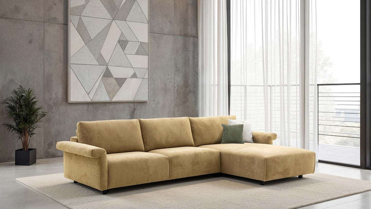 Modulares Sofa von Sitzkunst in gelbem Stoff.