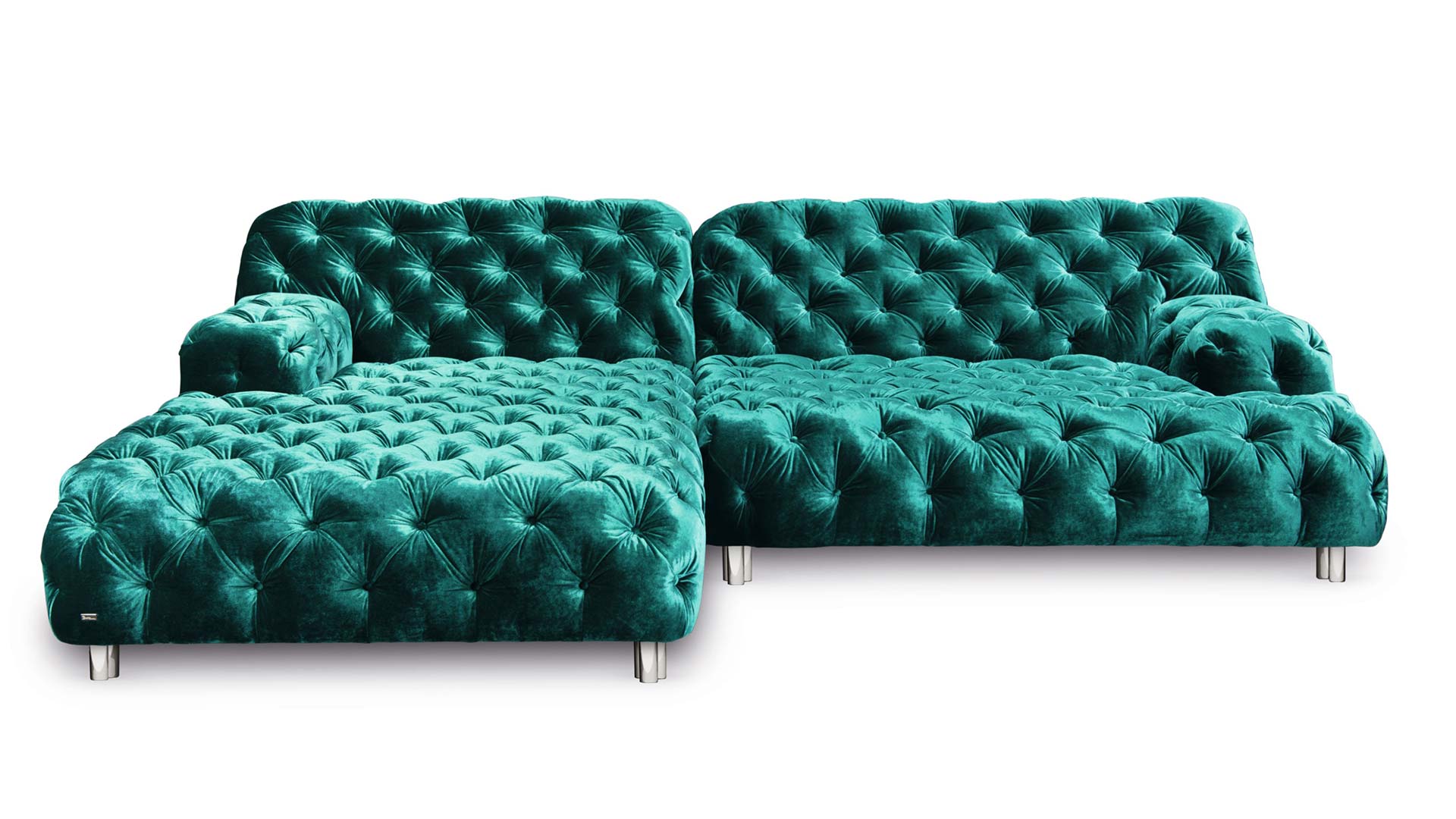 couchgarnitur-couch-sofa-stoff-velours-gesteppt-knopf-gruen-petrol-dunkelgruen-fuesse-metall-chrom-bretz