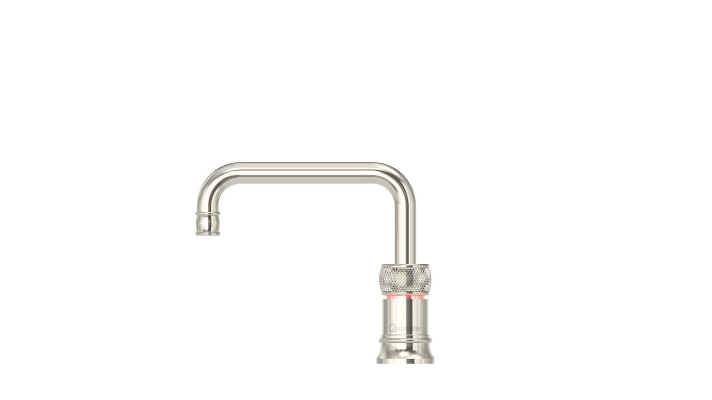 Wasserhahn mit kochendem Wasser mit geradem Auslauf in Nickel im klassischen Design.