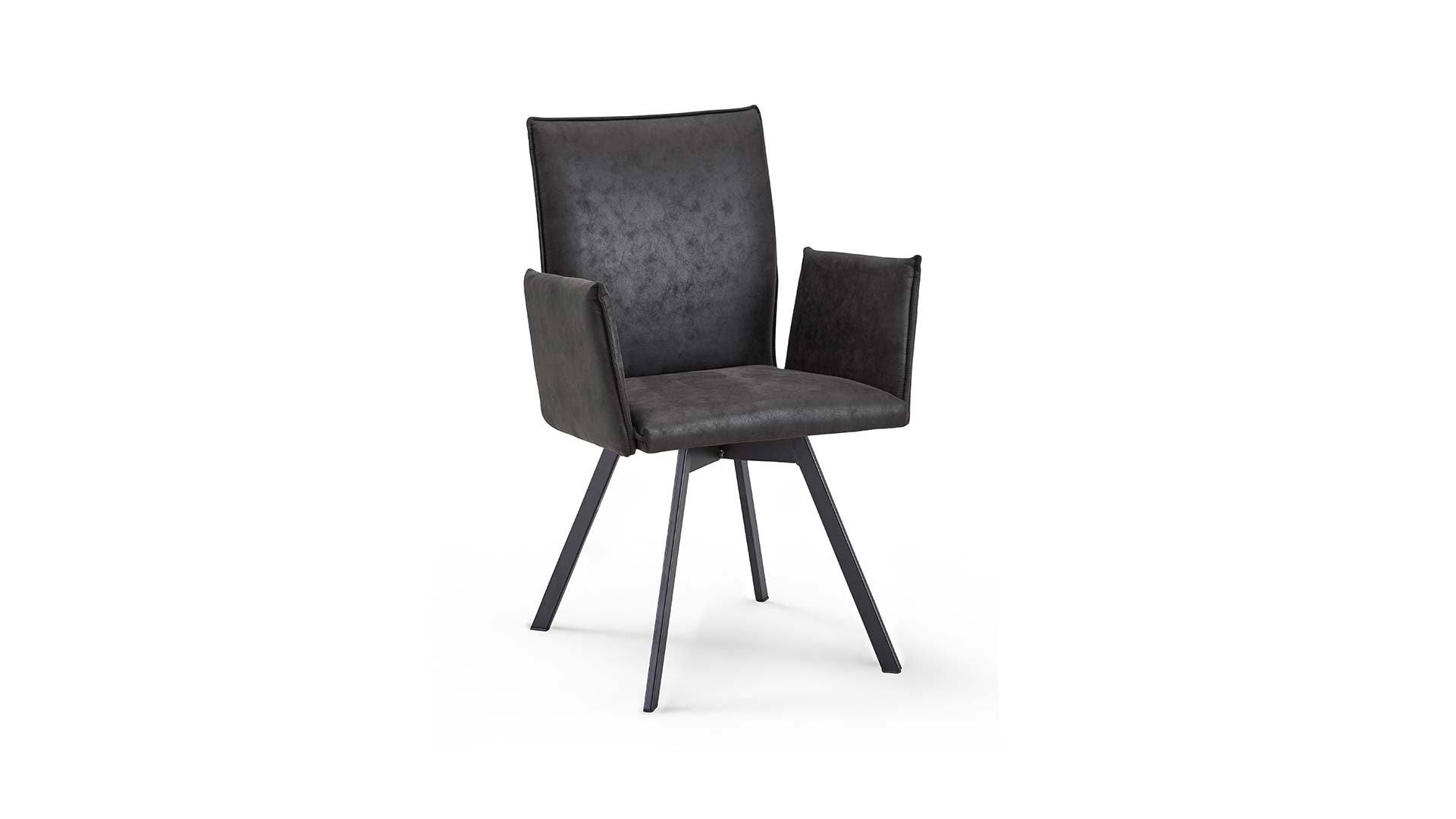 Grauer Schösswender Stuhl mit Metallfüßen.