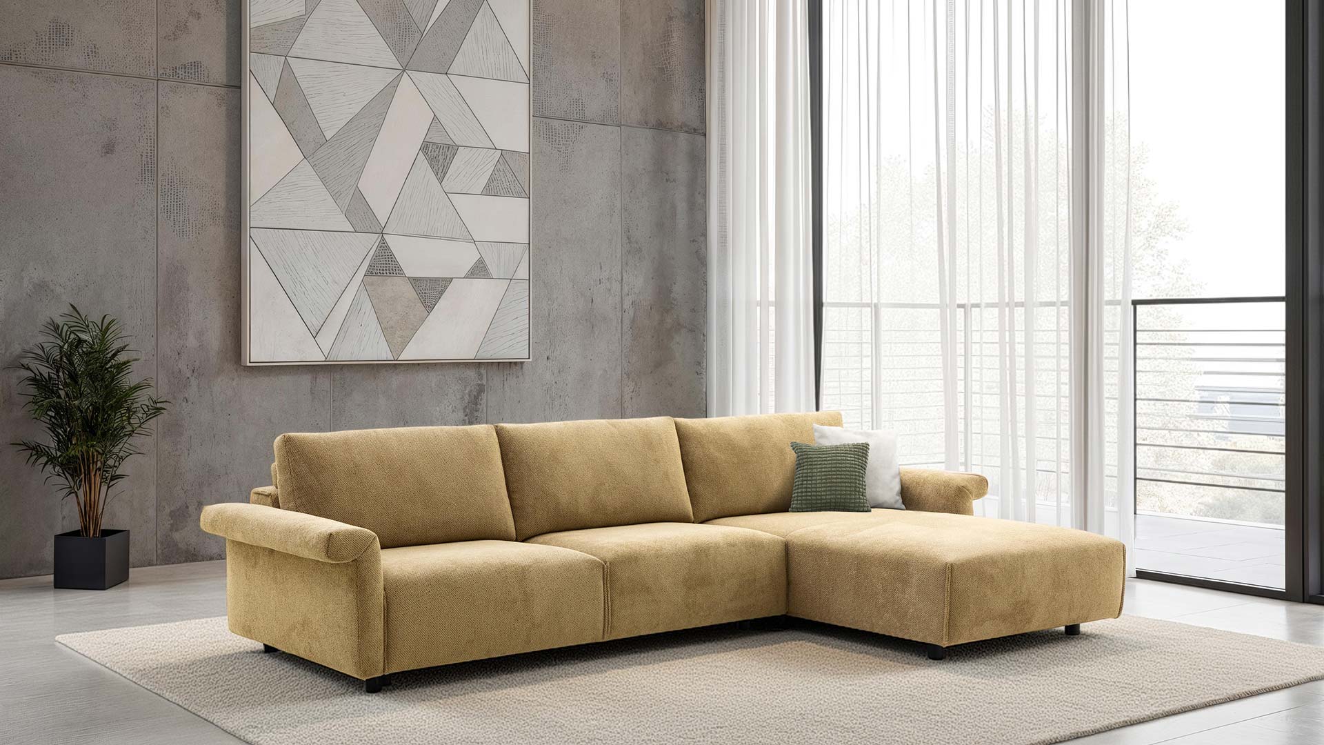 Modulares Sofa von Sitzkunst in gelbem Stoff.