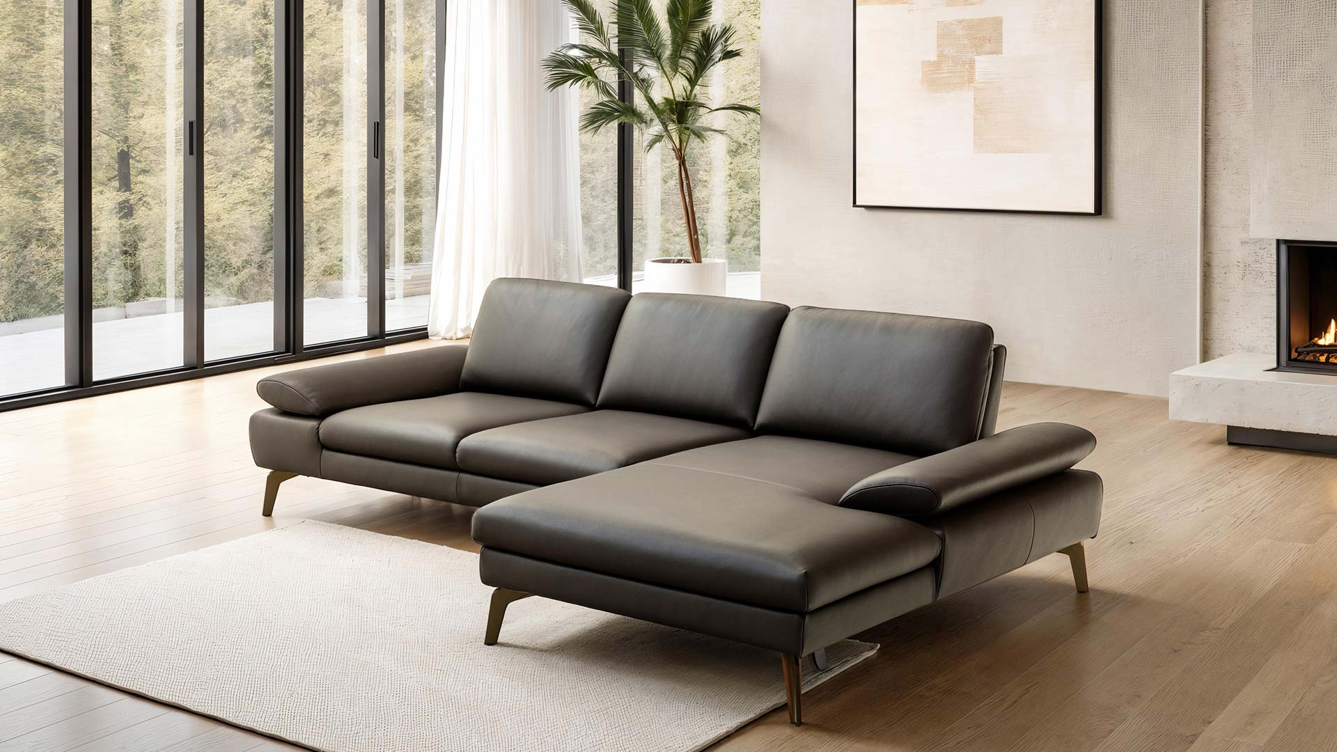 Modernes Ecksofa in braunem Leder.