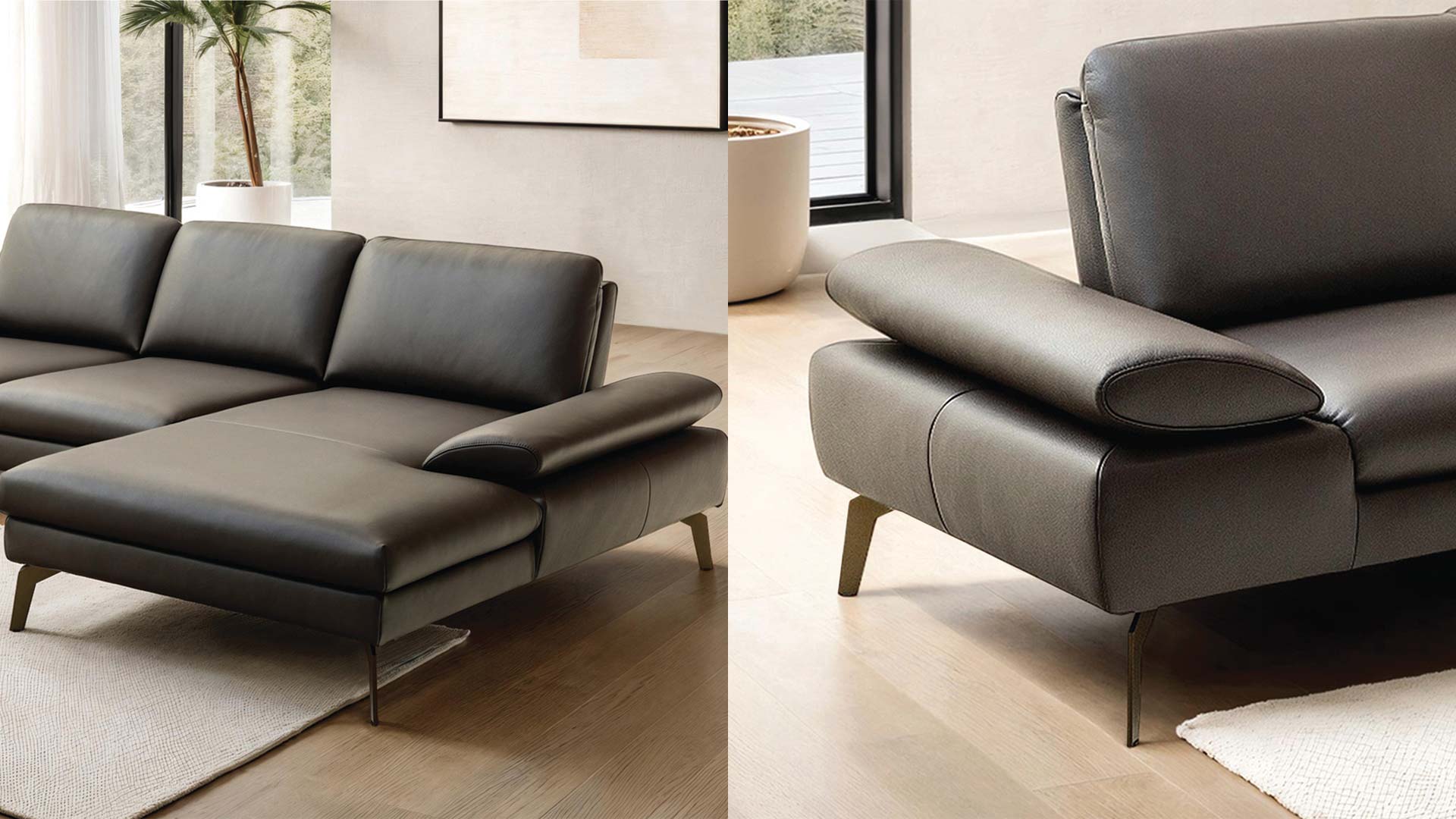 Modernes Ecksofa in braunem Leder mit klappbaren Armlehnen.