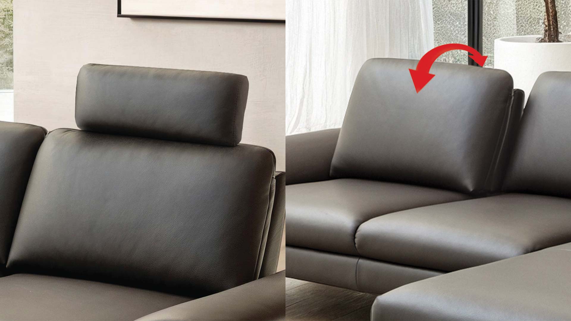 Modernes Ecksofa in braunem Leder mit verstellbarer Sitztiefe und Kopfstütze.