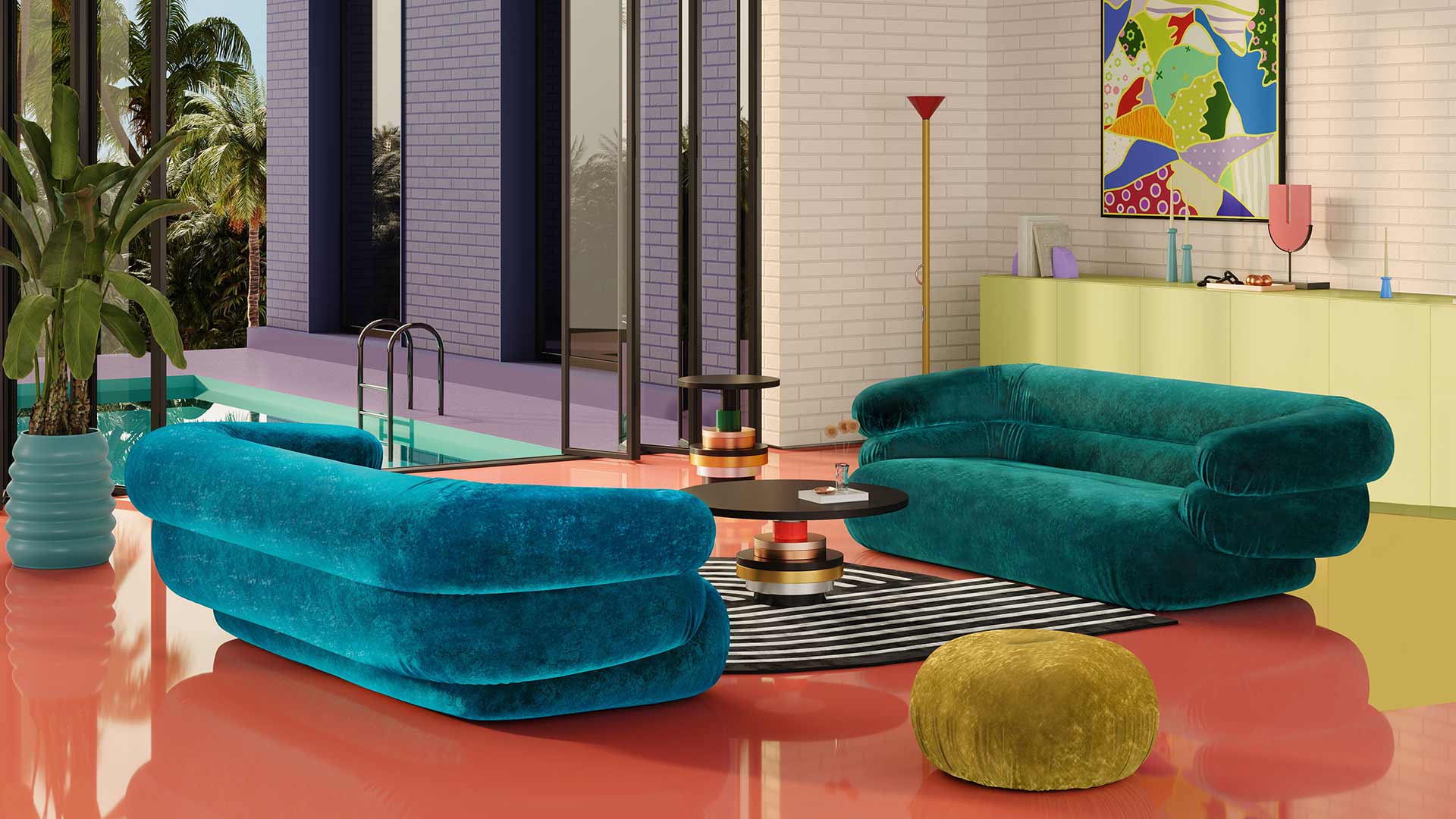 Poolside Bretz Sofa in pink, blau, petrol und gelbem Hocker.