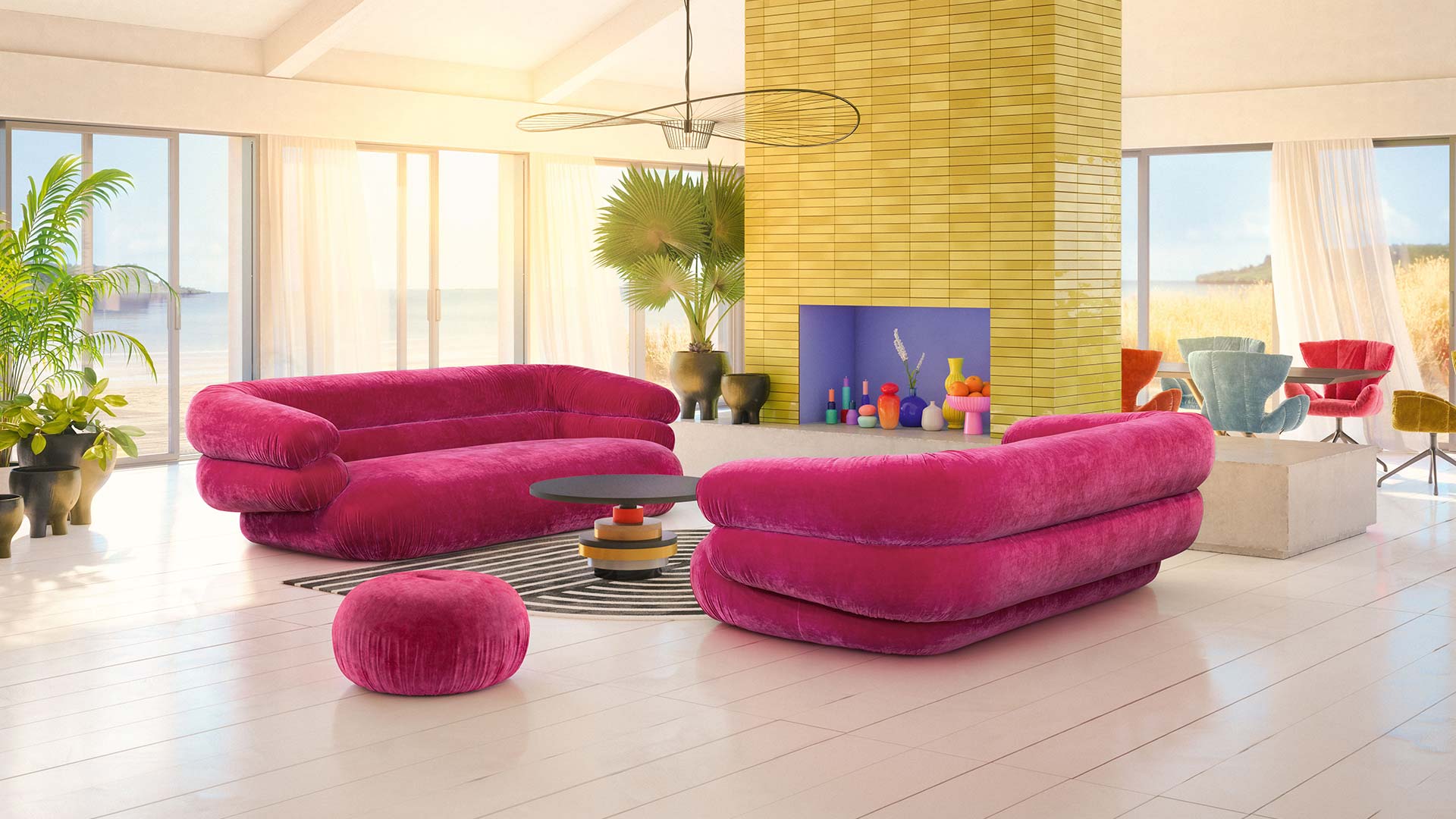 Poolside Bretz Sofa in pink mit Hocker.