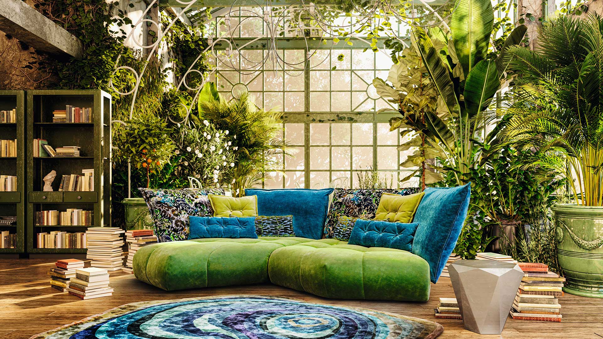 couchgarnitur-couch-sofa-bretz-stoff-velours-gruen-blau-rueckenkissen-kissen-gemustert-blume-bodentief-beistelltisch-tisch-couchtisch-silber