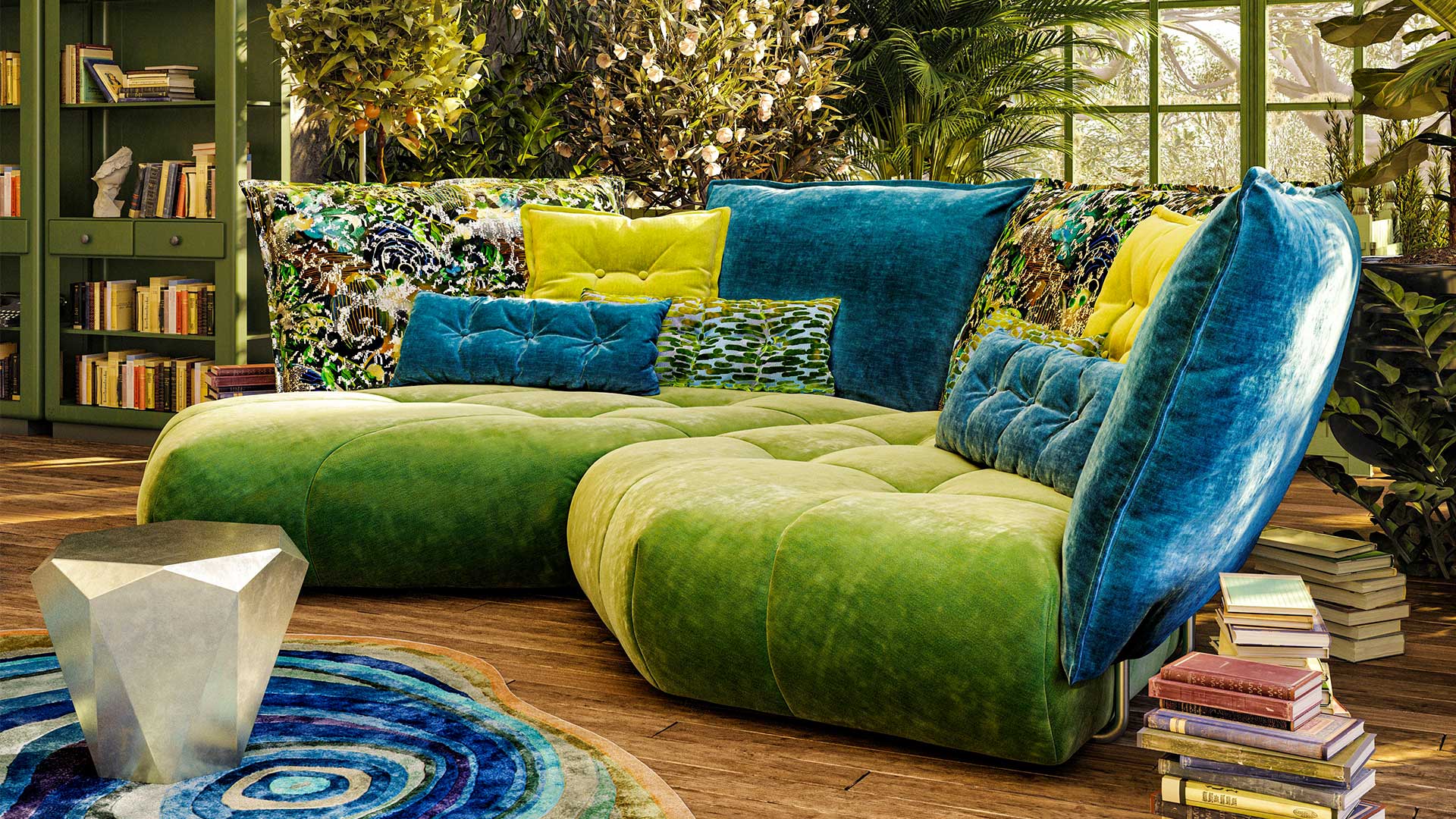 couchgarnitur-couch-sofa-bretz-stoff-velours-gruen-blau-rueckenkissen-kissen-gemustert-blume-bodentief-beistelltisch-tisch-couchtisch-silber