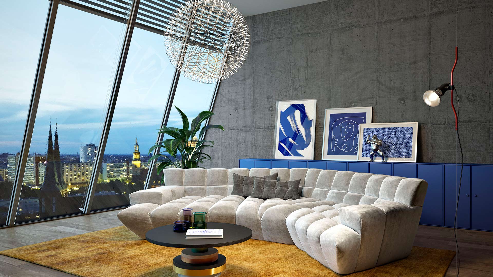 Bretz Cloud 7 Sofa mit Rautenmuster in einem beigen Velours in einem coolen Wohnzimmer mit Stadtausblick.