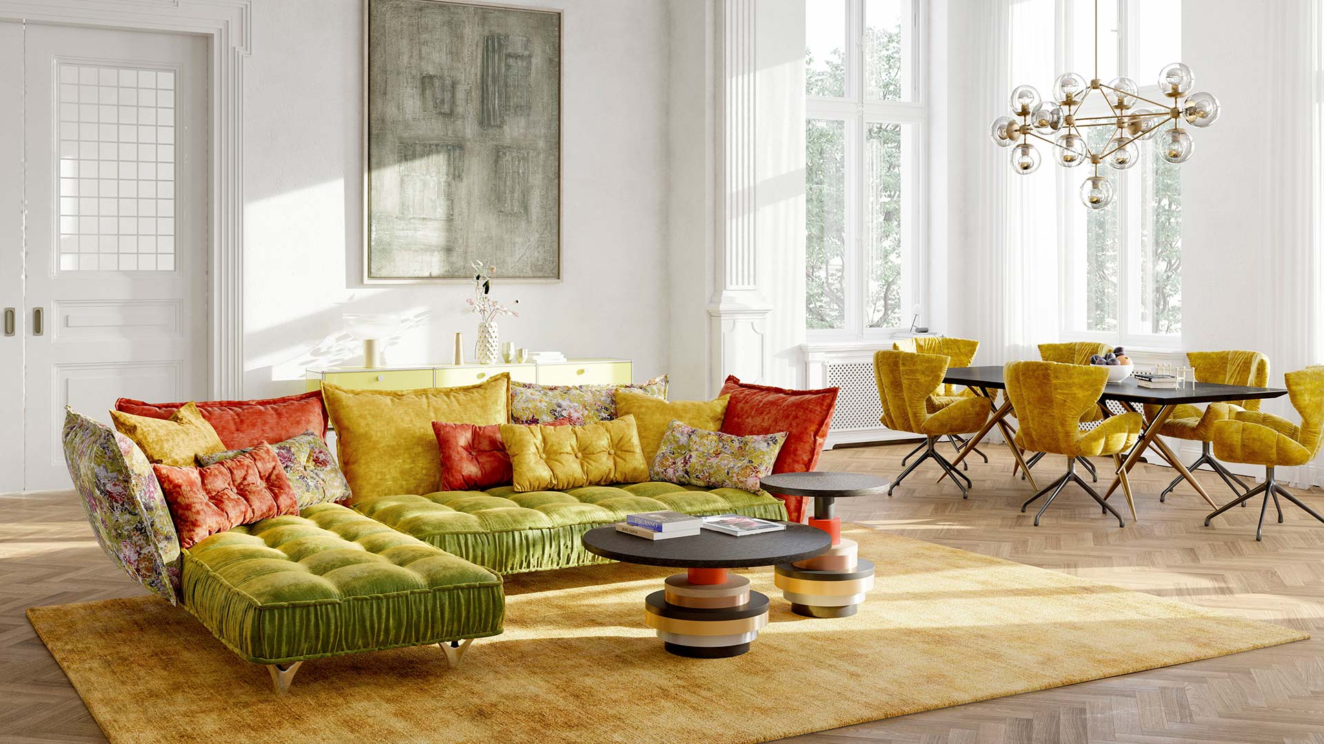 couchgarnitur-couch-sofa-bretz-stoff-velours-gruen-gelb-orange-gemustert-blumen-gerafft-polstergarnitur-fuesse-metall-chrom-tisch-beistelltisch-couchtisch