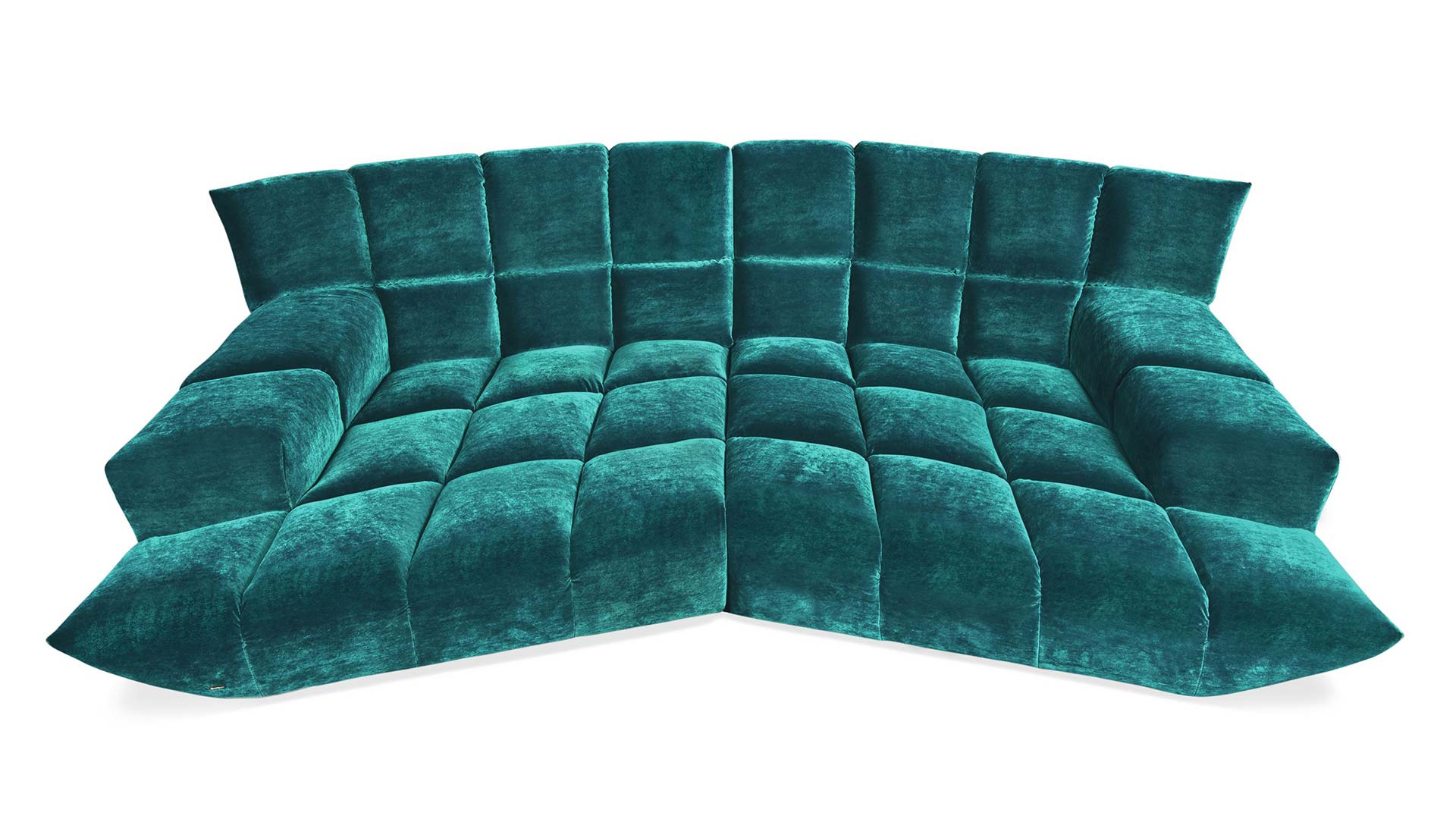 Bretz Cloud 7 Sofa mit Rautenmuster in einem petrolen Velours.
