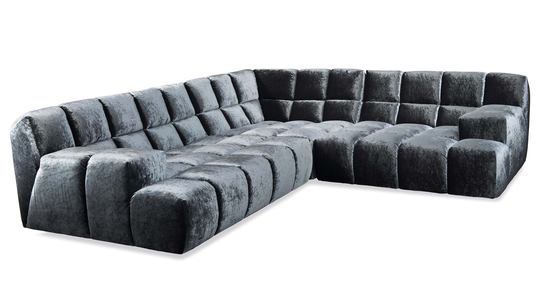 Bretz Cloud 7 Couch in anthrazitfarbenem Velours bodentief mit Kassettenheftung.