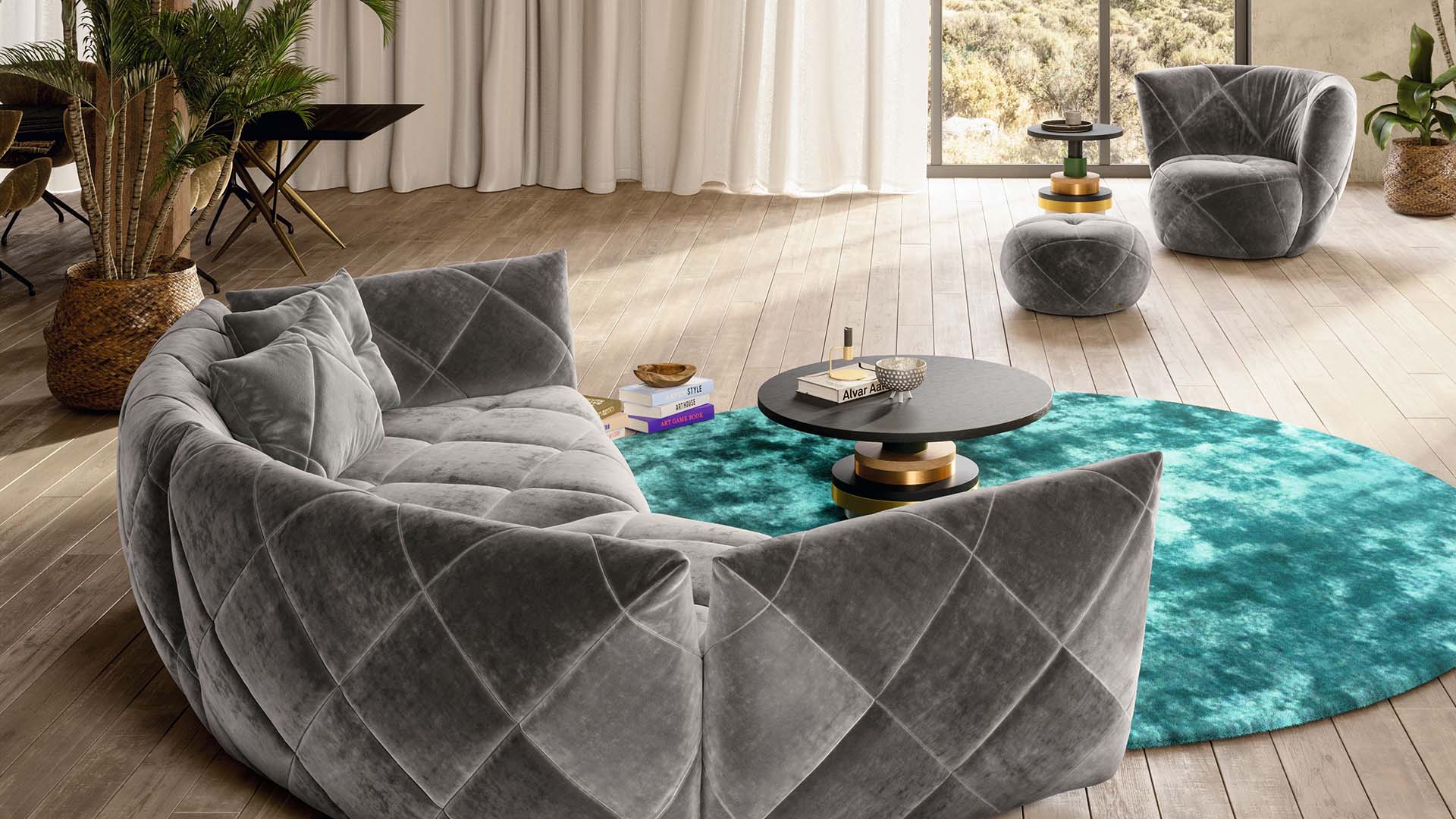 Helles Wohnzimmer mit bodentiefem Bretz Sofa Teratai in grauem Velours in Rautenoptik und dazu passendem Drehsessel und Hocker.