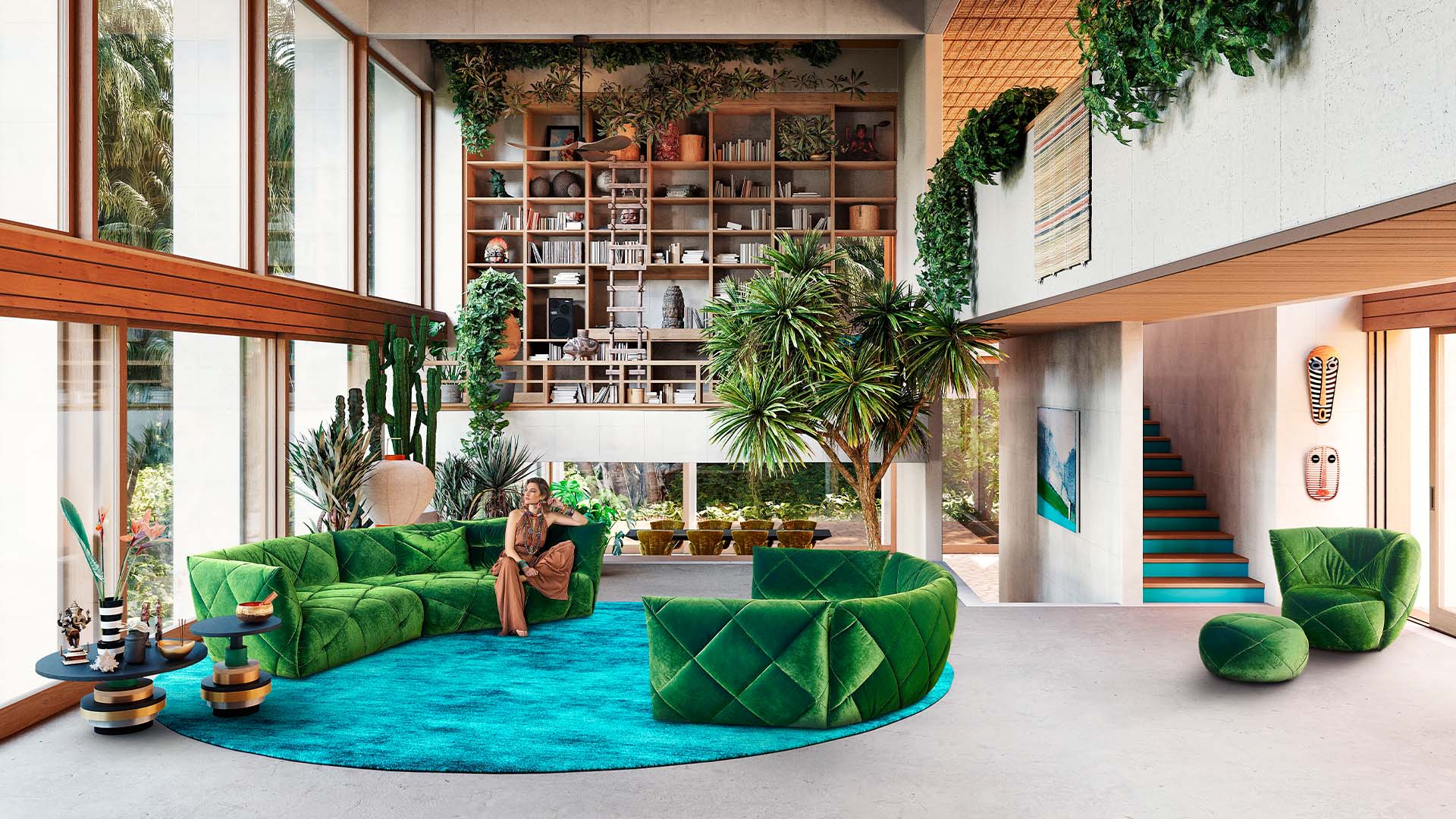 Großes Wohnzimmer mit hohen Decken und dem Bretz Sofa Teratai in grünem Velours und Rauteoptik.