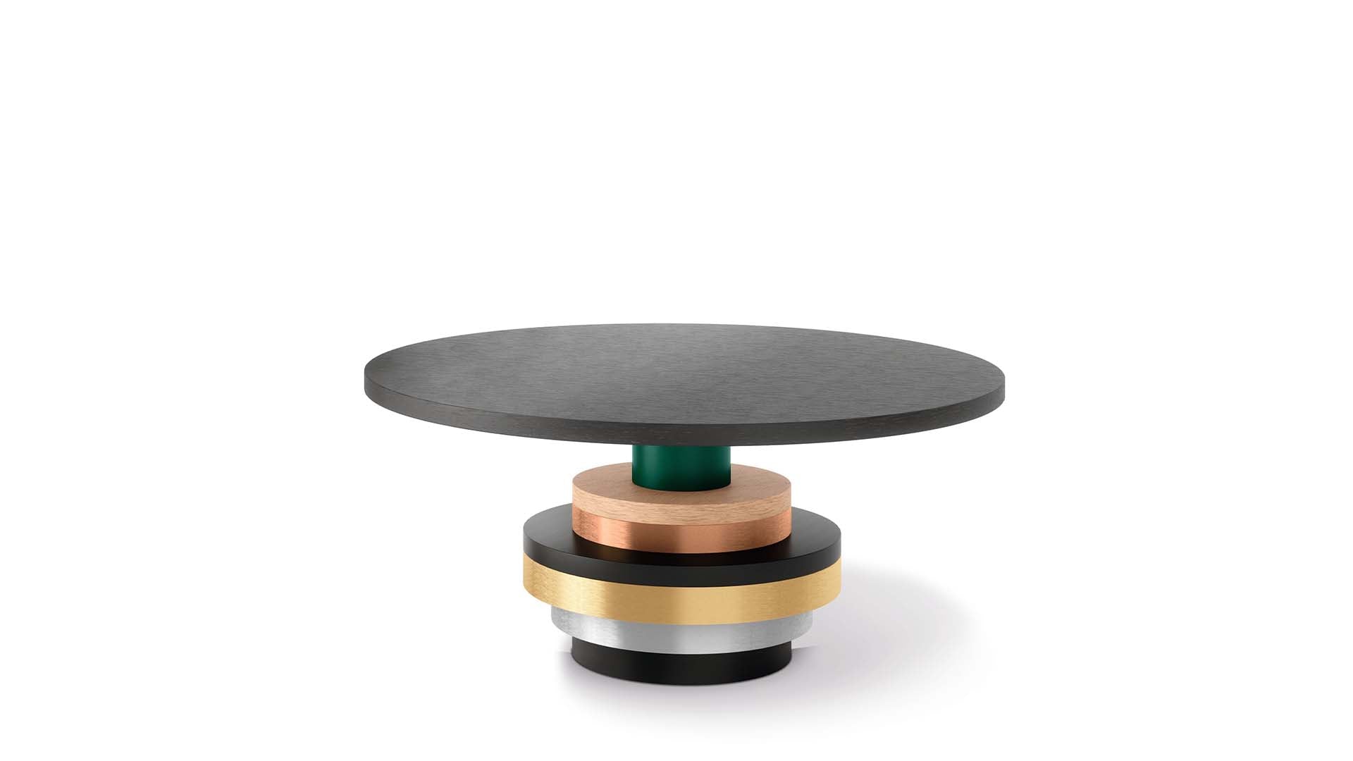 Großer Bretz Tisch Disquo mit verschiedenen Runden Platten und petrolfarbenem, goldenem, silbernem und kupferfarbenem Akzent und Holzfurnier.