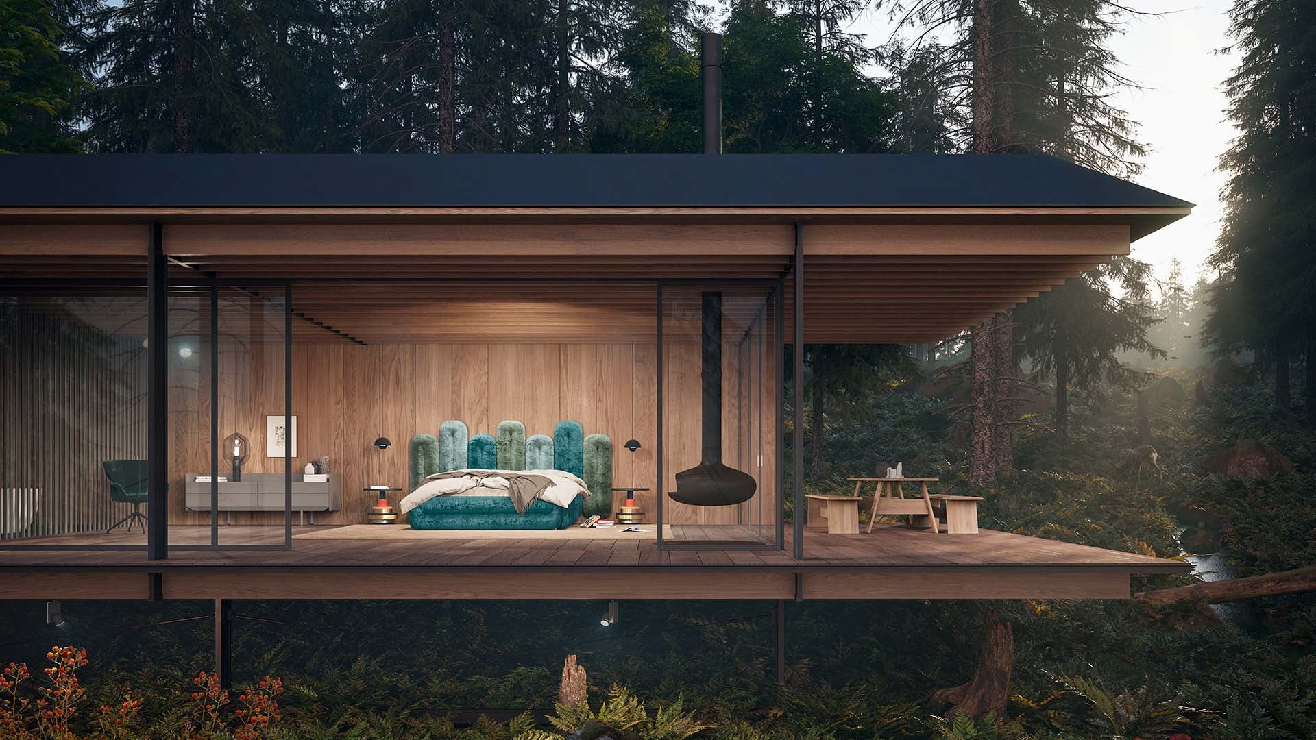 Schlafzimmer aus Holz mit Fensterfront mit Bretz Bett Creole in petrolfarbendem, türkisem und grünem Velours.