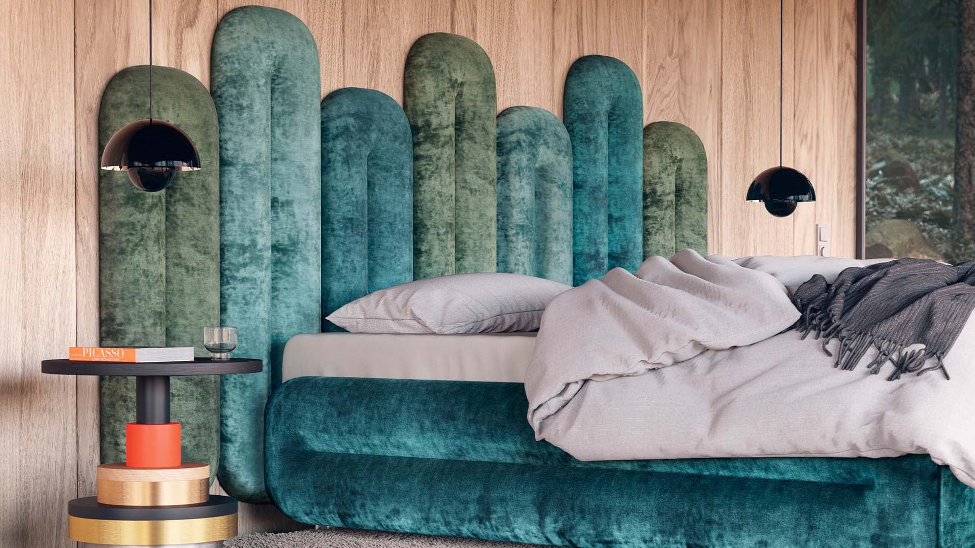 Schlafzimmer aus Holz mit Fensterfront mit Bretz Bett Creole in petrolfarbendem, türkisem und grünem Velours.