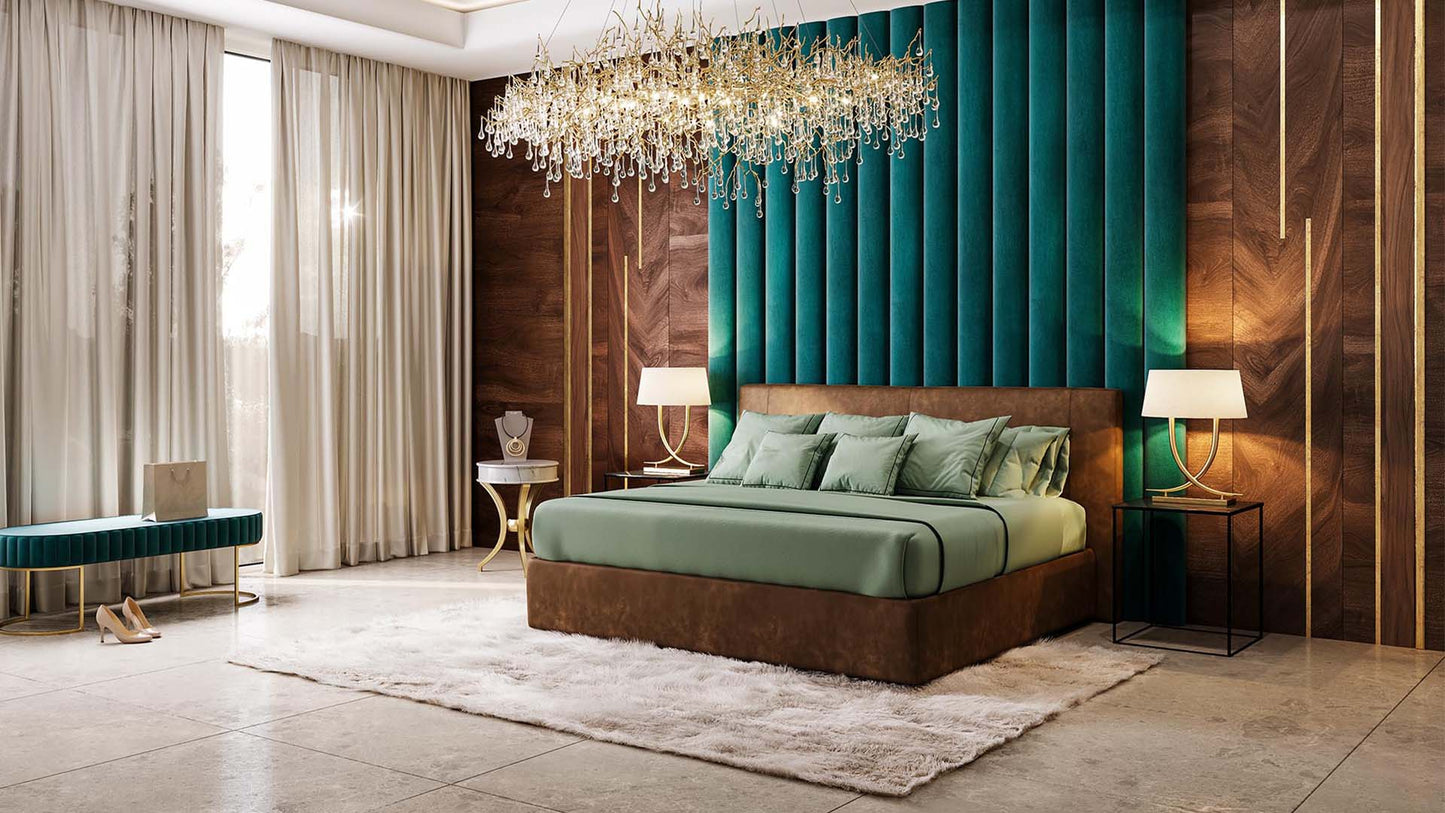 Edles Schlafzimmer mit Hüsler Nest Bett in cognacfarbenem, braunem Leder und glattem Kopfteil als natürliches Boxspringbett.