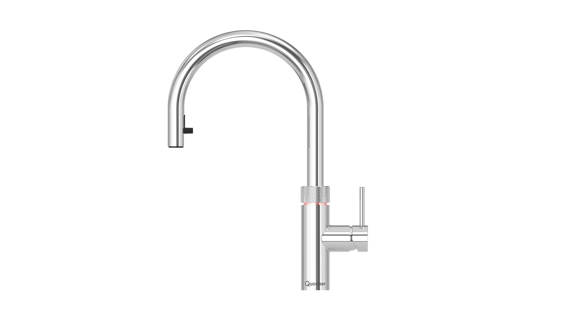 Der Quooker Flex Wasserhahn in verchromt glänzend.