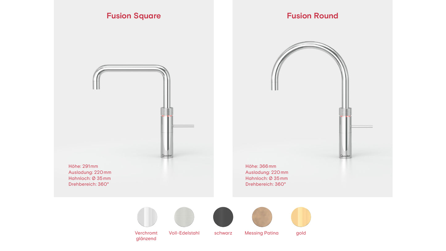 Darstellung der Varianten Quooker Fusion Square und Round in verschiedenen Oberflächenvarianten.