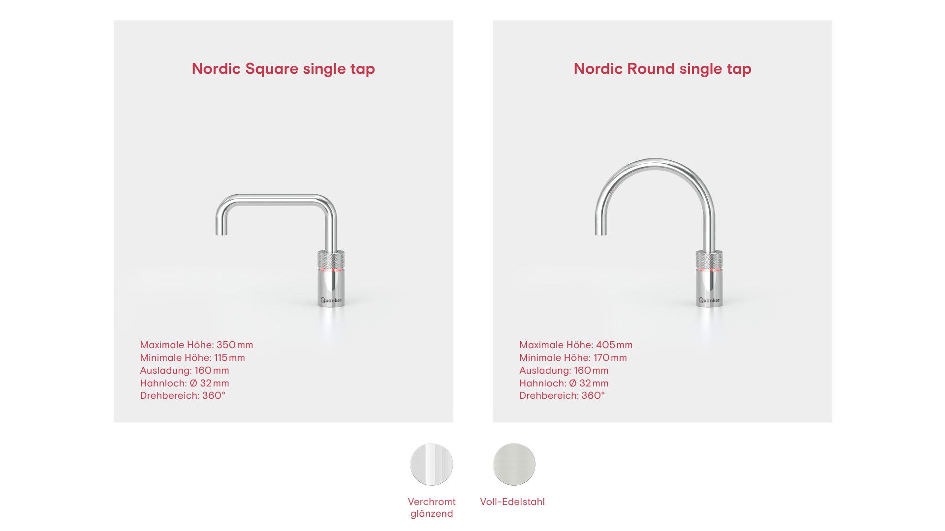 Quooker Armatur Überblick mit Auslauf in round und square und den Oberflächen verchromt glänzend oder Voll-Edelstahl.